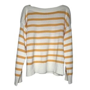 Stripped Yellow/White LOFT Oversized Boat Neck Knit Sweater Minimalist Cozy Sz M